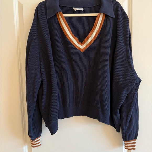 Callahan Sweaters - Callahan Navy V-Neck Women's Sweater with Striped Accents